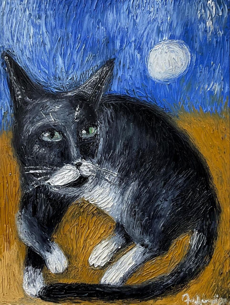 Black Cat Blue Moon — oil painting by Porfirii Fedorin, 2024