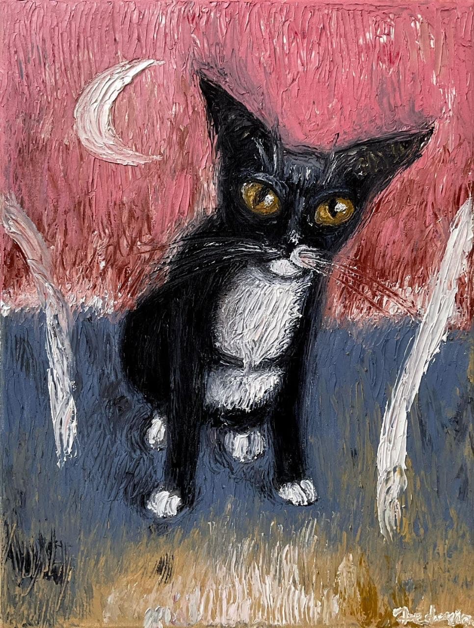 Black Cat Pink Sky — oil painting by Porfirii Fedorin, 2024